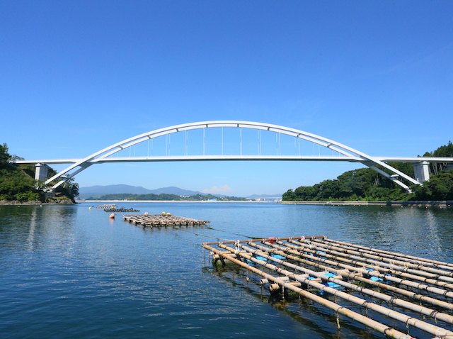 気仙沼大橋と養殖筏